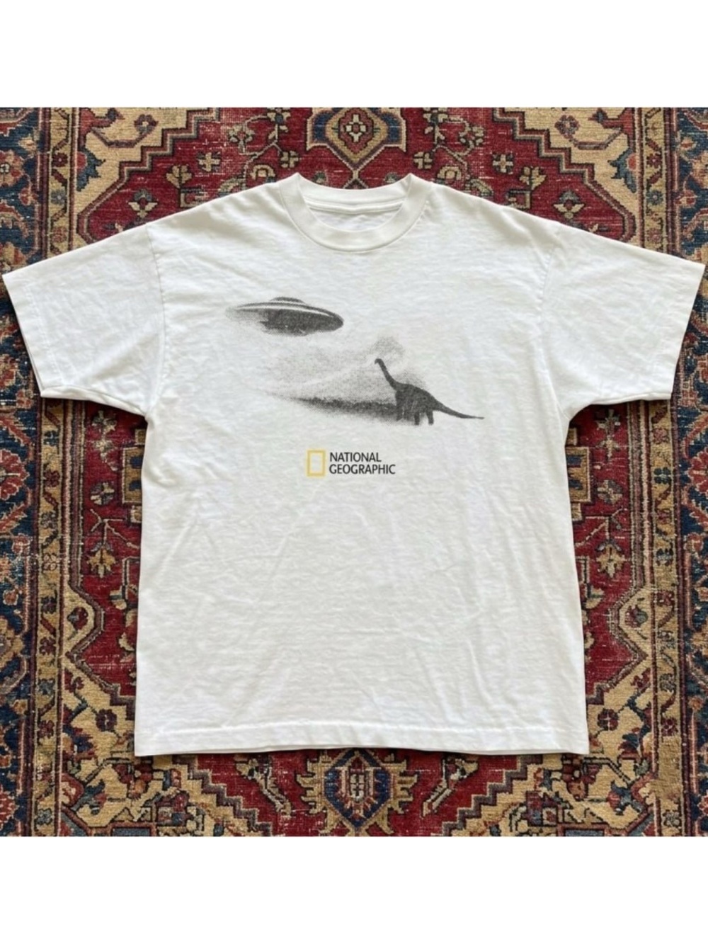 National Geographic White Tee with Black Dinosaur & UFO unisex t-shirt